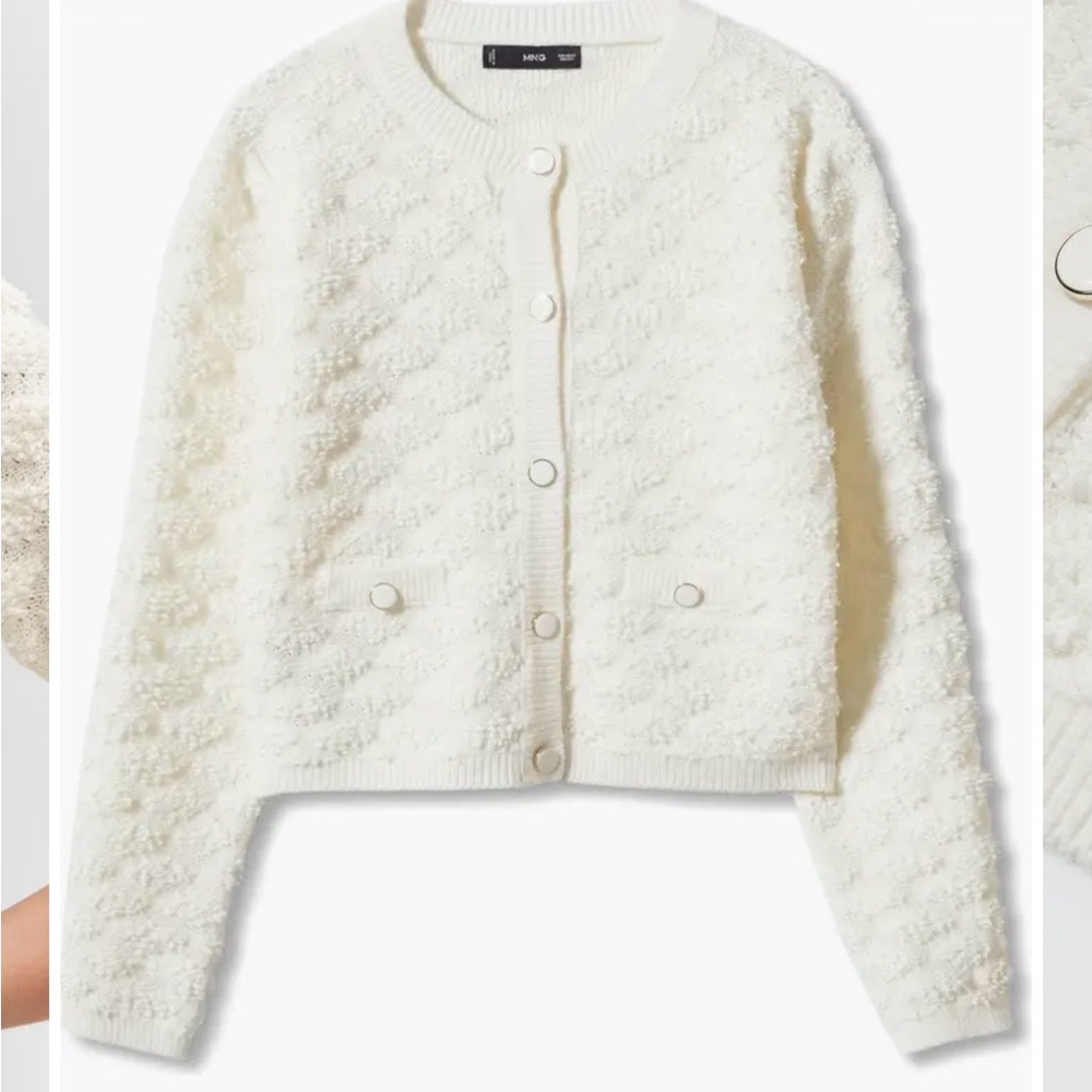 Mango Cream Textured Button-Up Cardigan